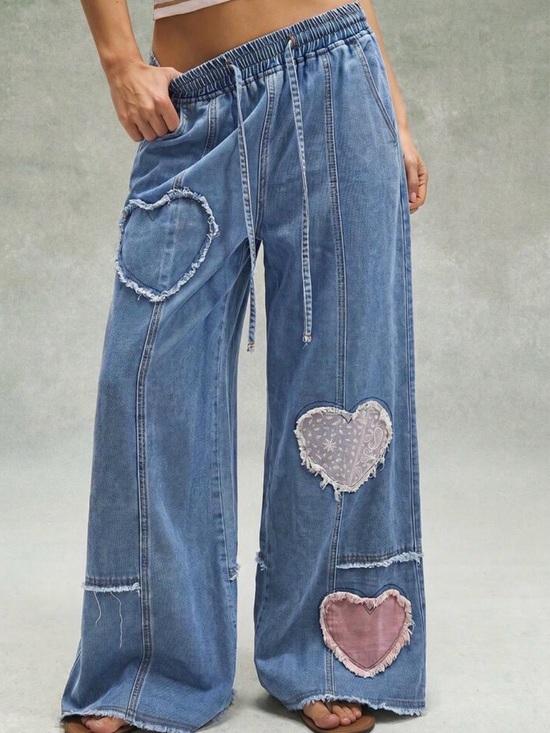Pants - Heart patchwork pants Wide Leg Denim Patch Heart Pants distressed Blue